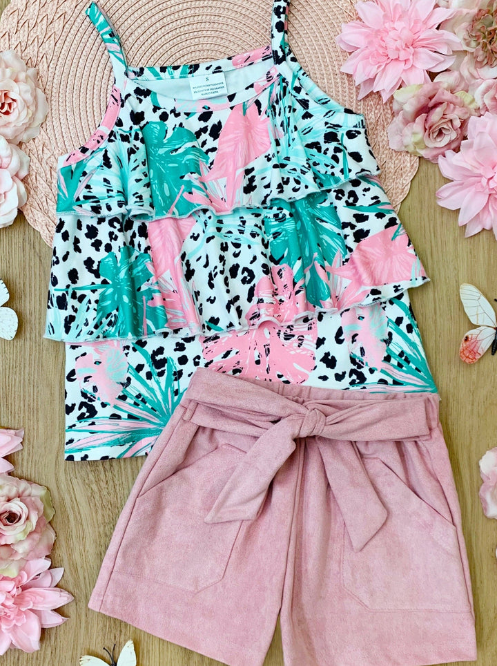 Spring Clothes | Girls Tropic Leopard Ruffle Top & Belted Shorts Set