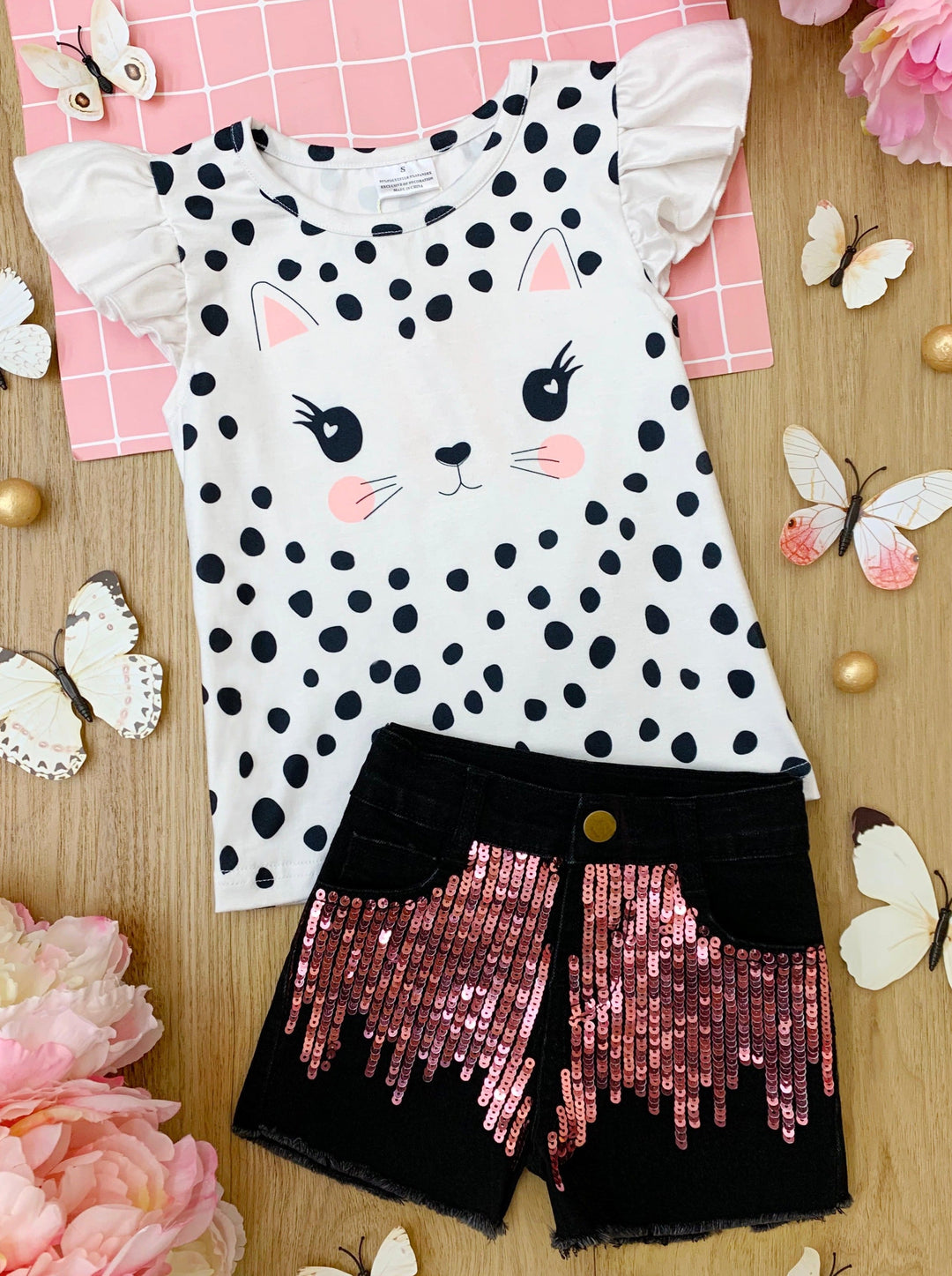 Toddler Outfit | Girls Polka Dot Cat Top & Sequin Denim Shorts Set