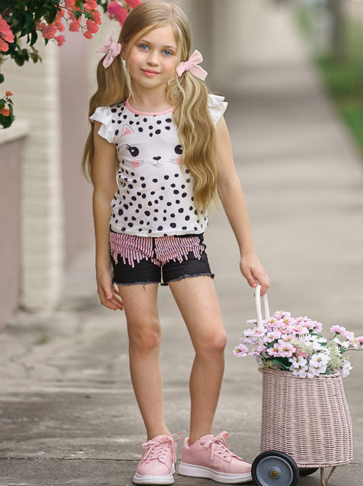 Toddler Outfit | Girls Polka Dot Cat Top & Sequin Denim Shorts Set