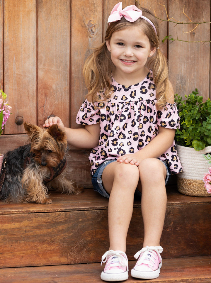 Cute Toddler Outfit | Girls Leopard Print Top & Patch Denim Shorts Set