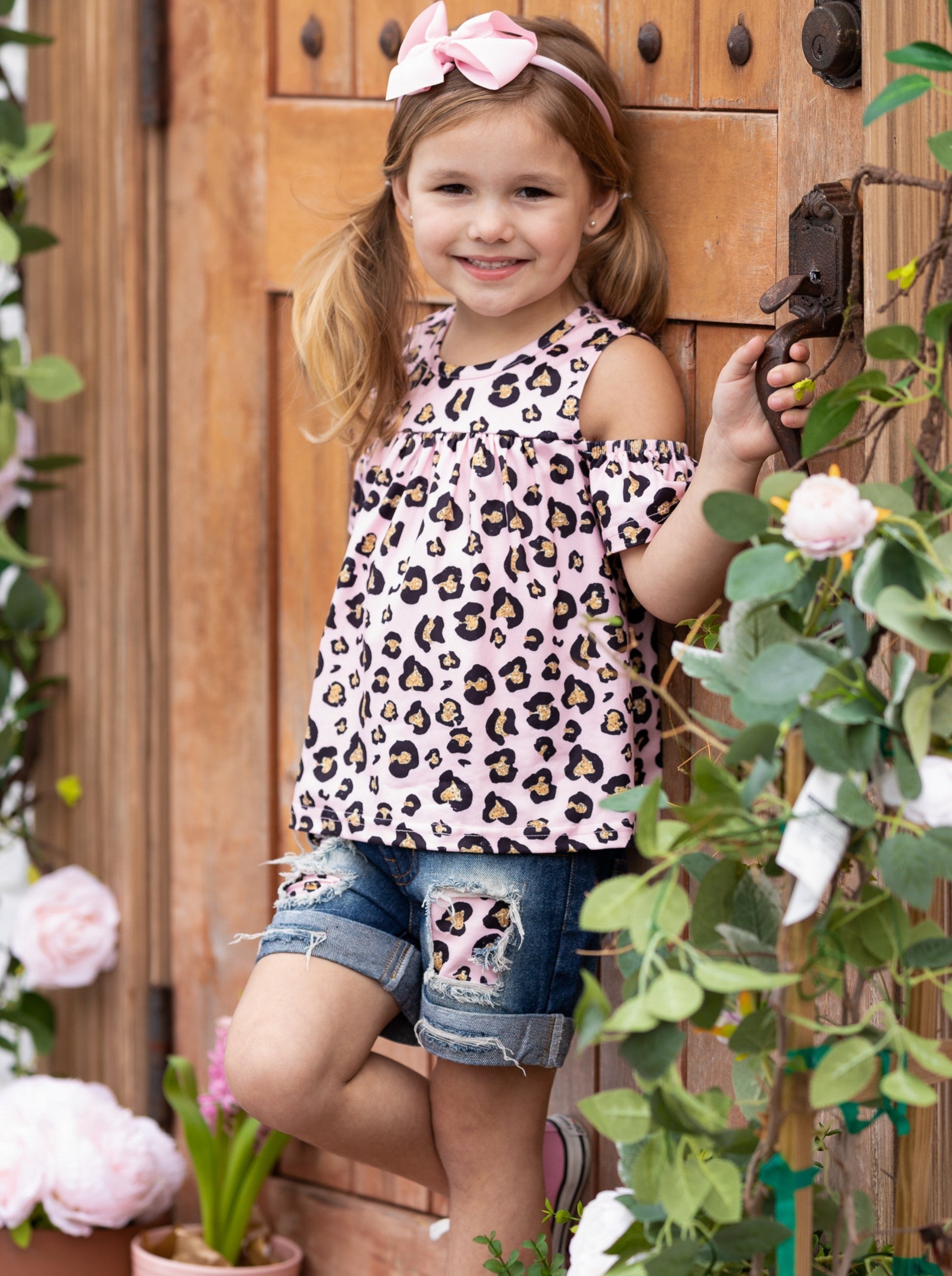 Cute Toddler Outfit Girls Leopard Print Top And Patch Denim Shorts Set Mia Belle Girls