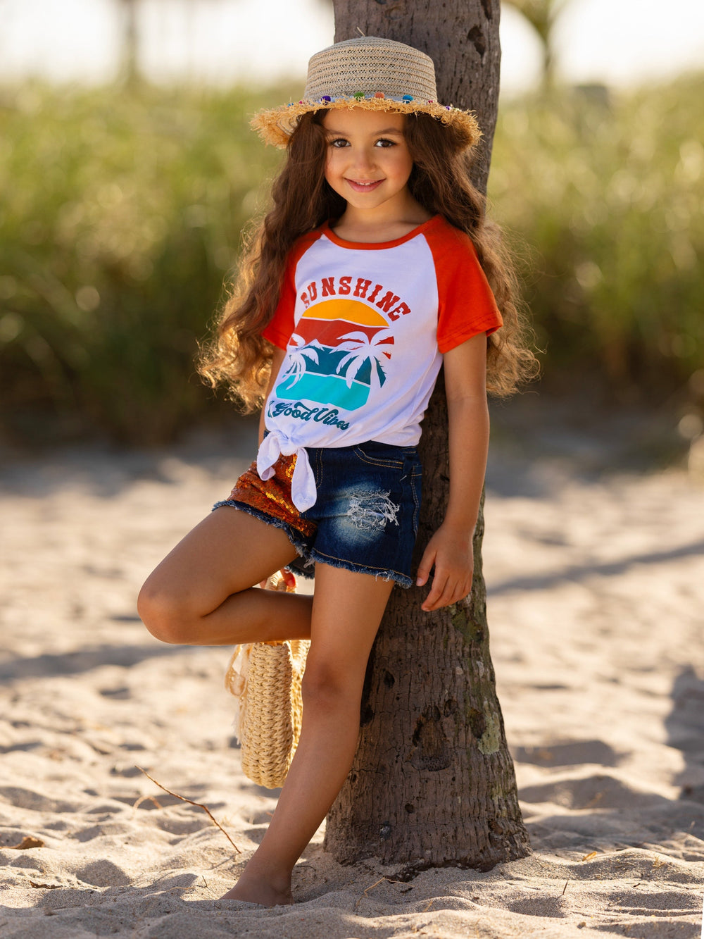 Girls Spring Outfits | Raglan Knot Hem Top & Patched Denim Short Set