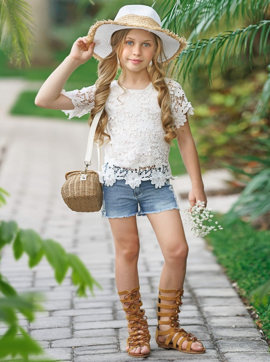 Kids Spring Clothes | Girls Eyelet Lace Top & Lined Denim Shorts Set 