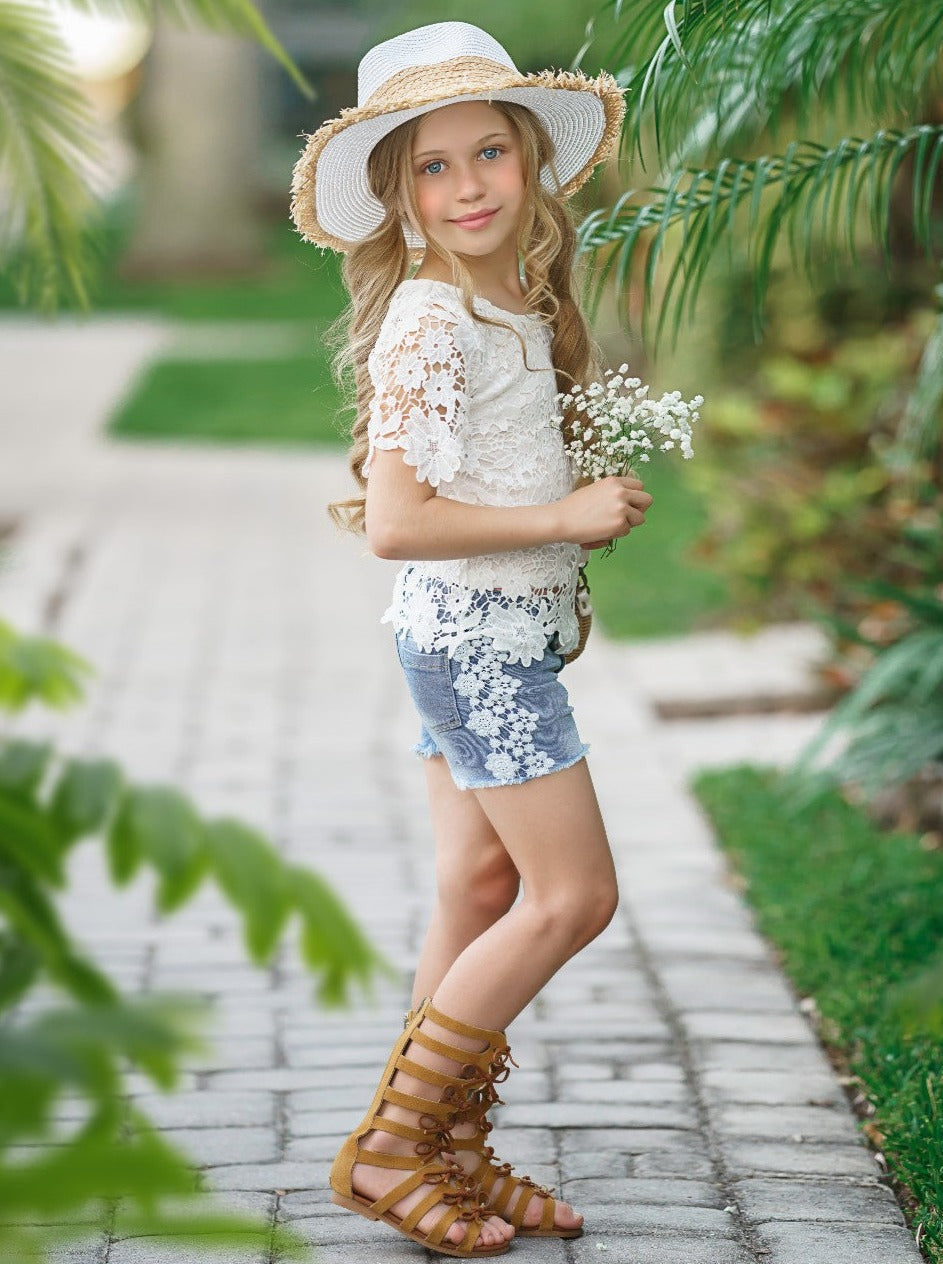 Kids Spring Clothes | Girls Eyelet Lace Top & Lined Denim Shorts Set 