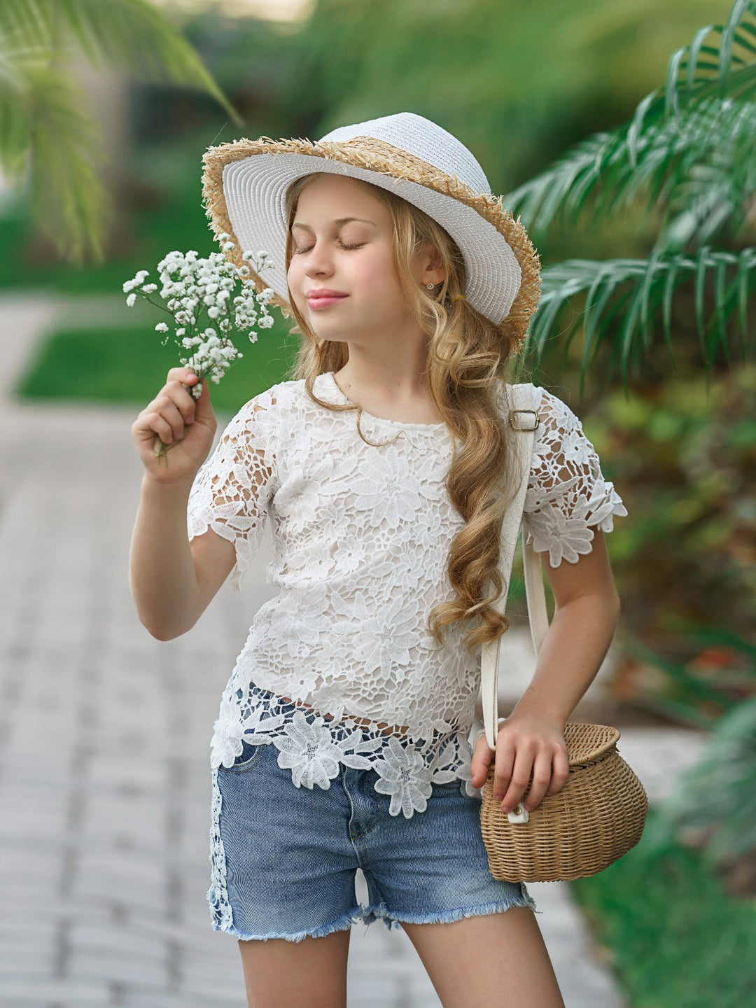 Kids Spring Clothes | Girls Eyelet Lace Top & Lined Denim Shorts Set 