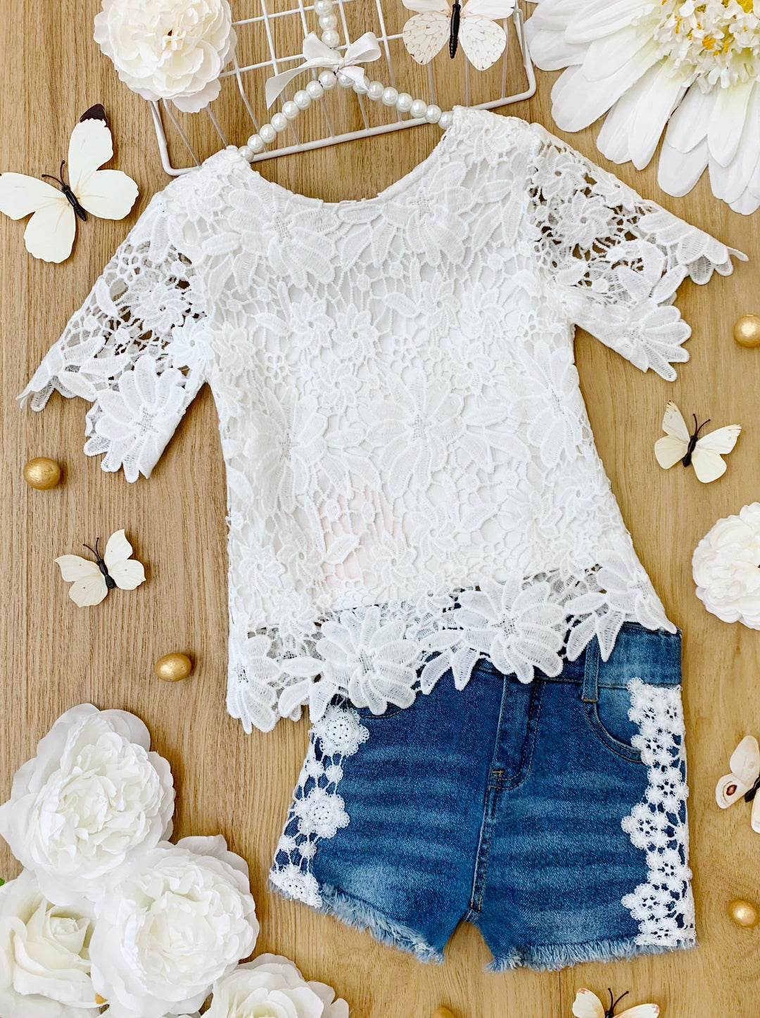 Kids Spring Clothes | Girls Eyelet Lace Top & Lined Denim Shorts Set 