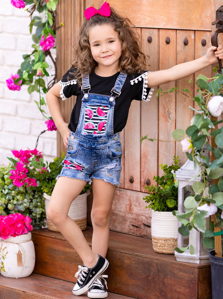 Cute Kids Outfit | Girls Top & Watermelon Patched Denim Overall Shorts