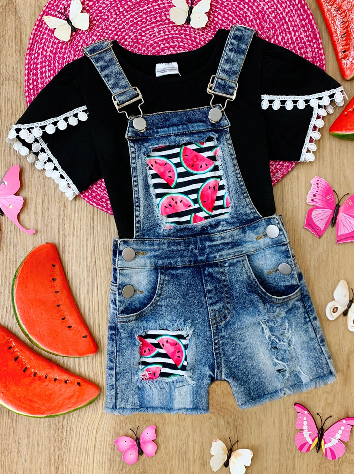 Cute Kids Outfit | Girls Top & Watermelon Patched Denim Overall Shorts