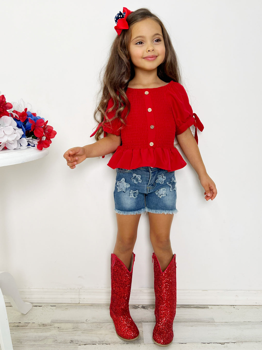 Girls 4th of July Outfits | Red Smocked Top & Star Patched Shorts Set