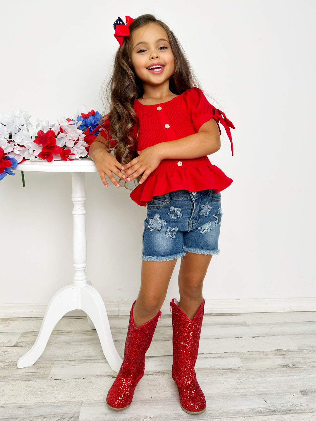 Girls 4th of July Outfits | Red Smocked Top & Star Patched Shorts Set