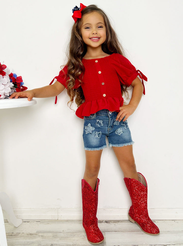 Girls 4th of July Outfits | Red Smocked Top & Star Patched Shorts Set