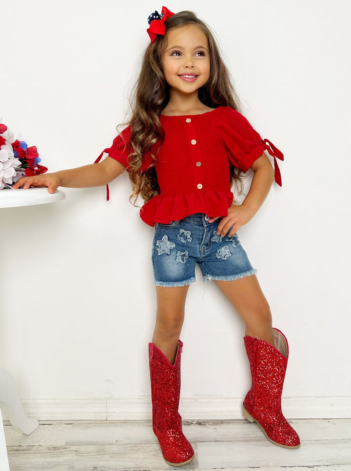 Girls 4th of July Outfits | Red Smocked Top & Star Patched Shorts Set