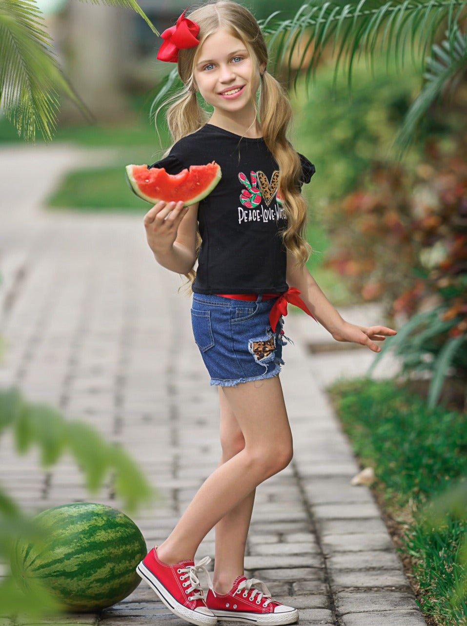 Kids Spring Fashion | Girls Watermelon Top & Patched Denim Shorts Set