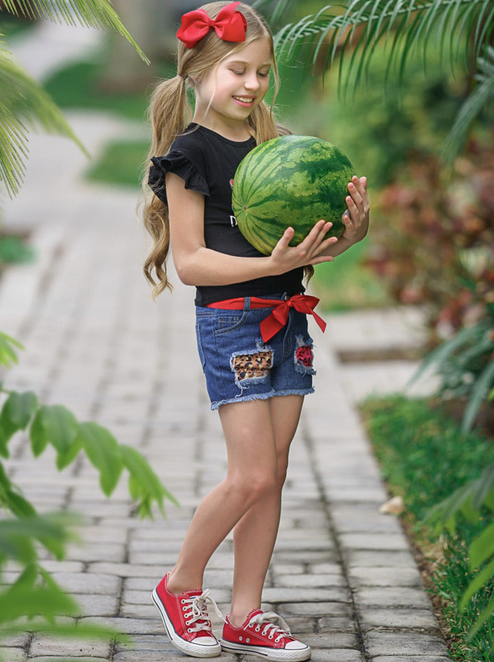 Kids Spring Fashion | Girls Watermelon Top & Patched Denim Shorts Set