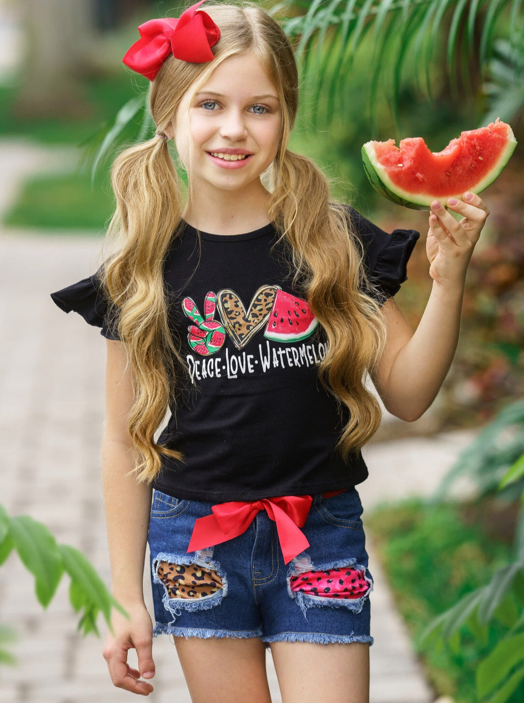 Kids Spring Fashion | Girls Watermelon Top & Patched Denim Shorts Set