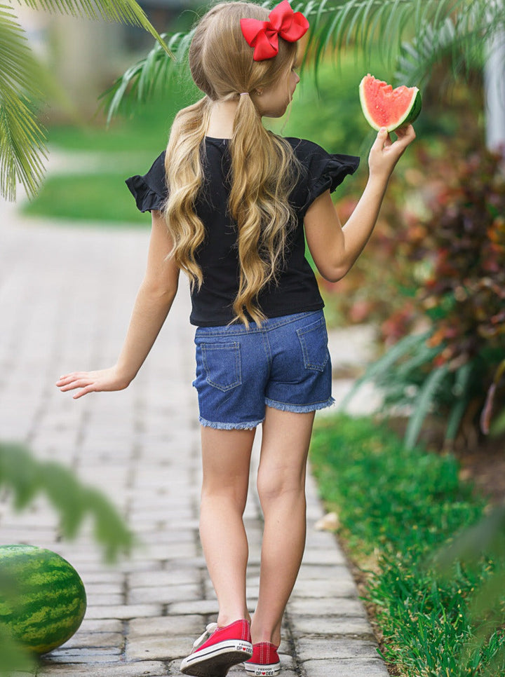 Kids Spring Fashion | Girls Watermelon Top & Patched Denim Shorts Set