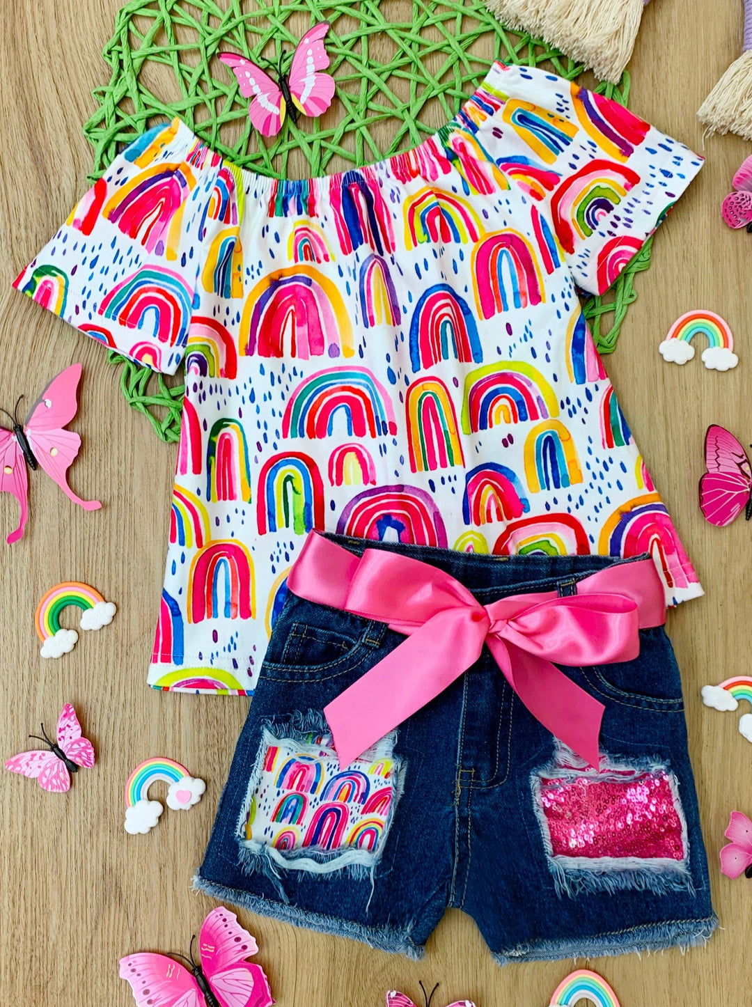 Toddler Spring Outfits | Girls Rainbow Top & Patched Denim Shorts Set 