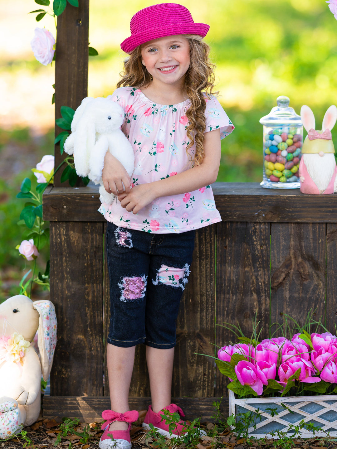 Mia Belle Girls Easter Top & Patched Denim Set | Easter Casual Sets