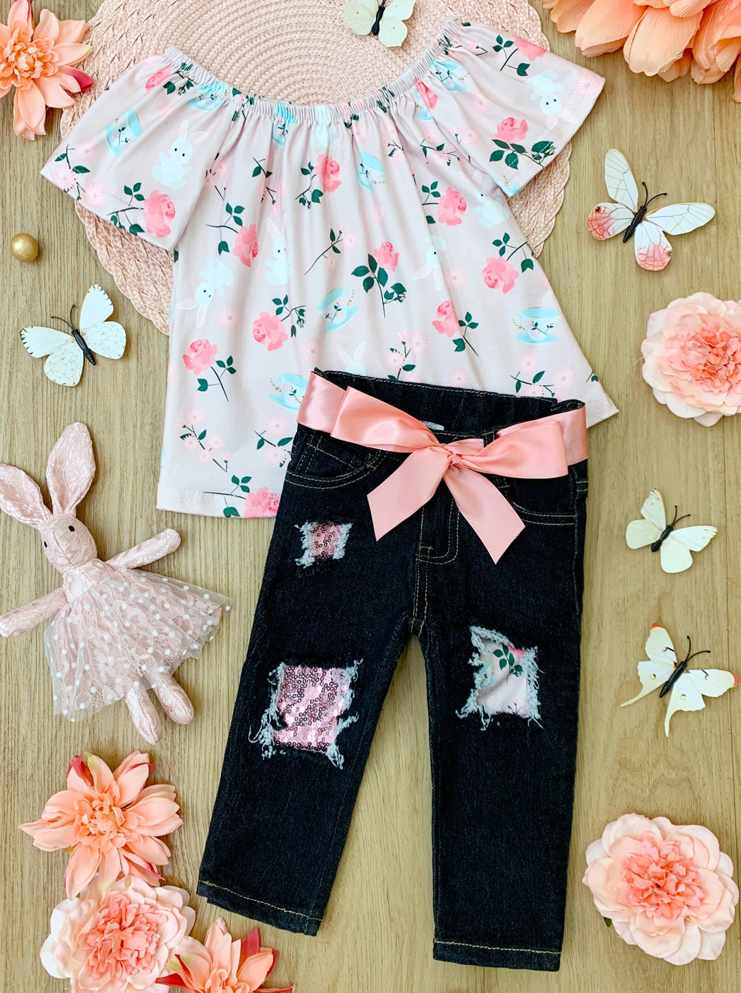 Mia Belle Girls Easter Top & Patched Denim Set | Easter Casual Sets