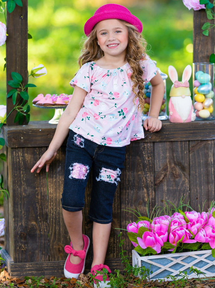 Mia Belle Girls Easter Top & Patched Denim Set | Easter Casual Sets