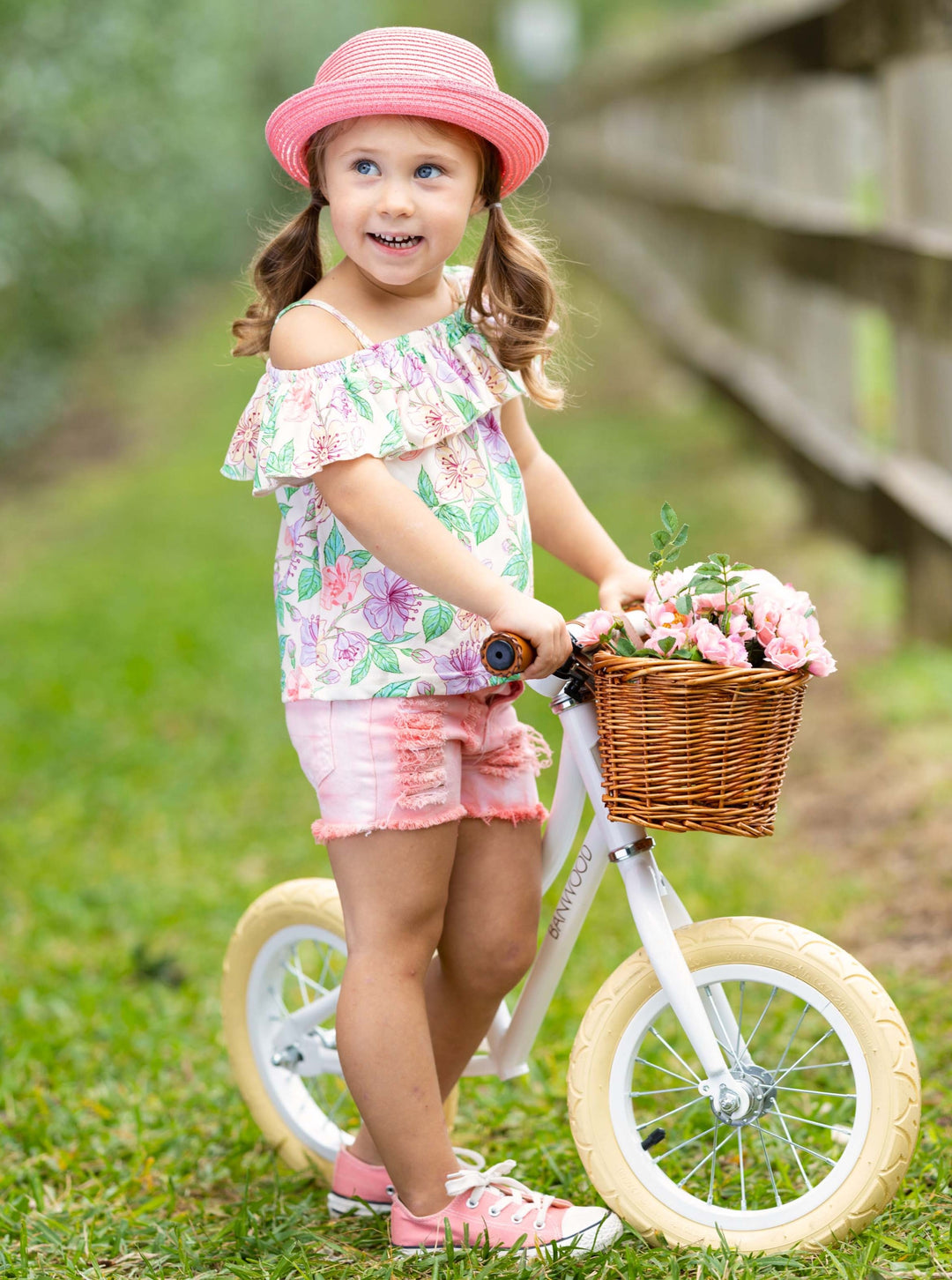 Kids Spring Clothes | Girls Floral Top & Peach Ombre Denim Shorts Set