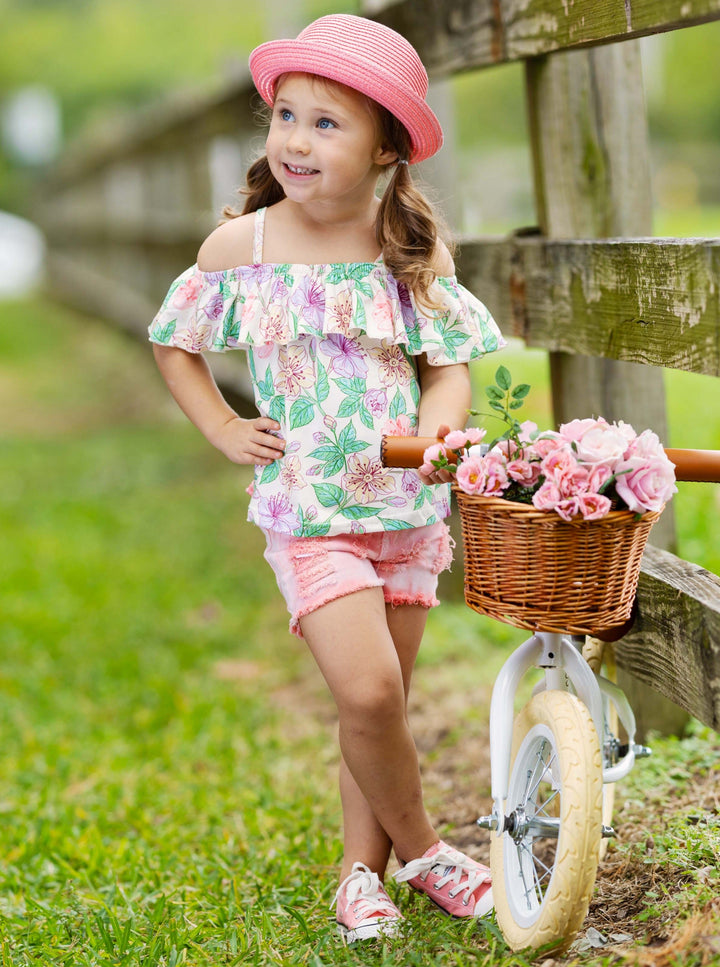 Kids Spring Clothes | Girls Floral Top & Peach Ombre Denim Shorts Set