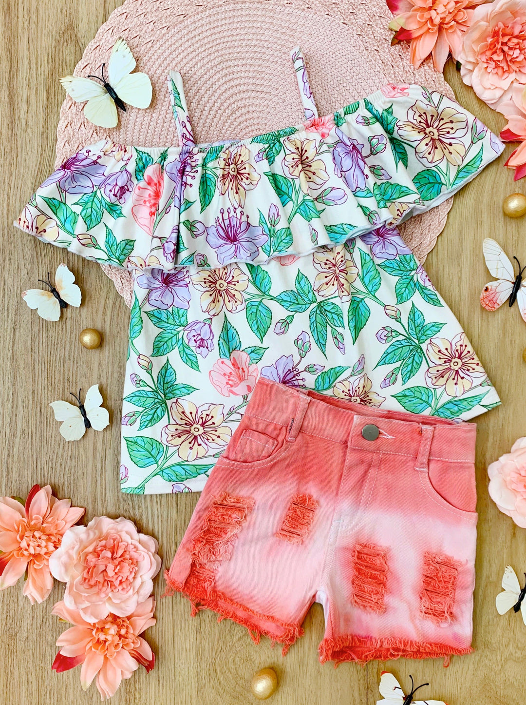 Kids Spring Clothes | Girls Floral Top & Peach Ombre Denim Shorts Set