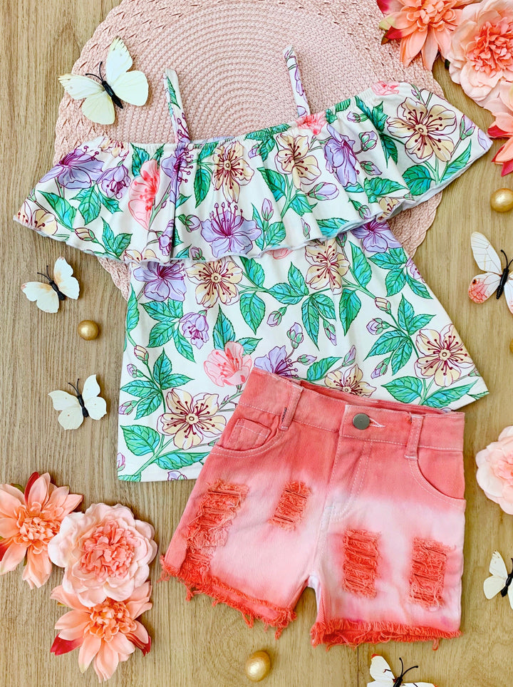 Kids Spring Clothes | Girls Floral Top & Peach Ombre Denim Shorts Set