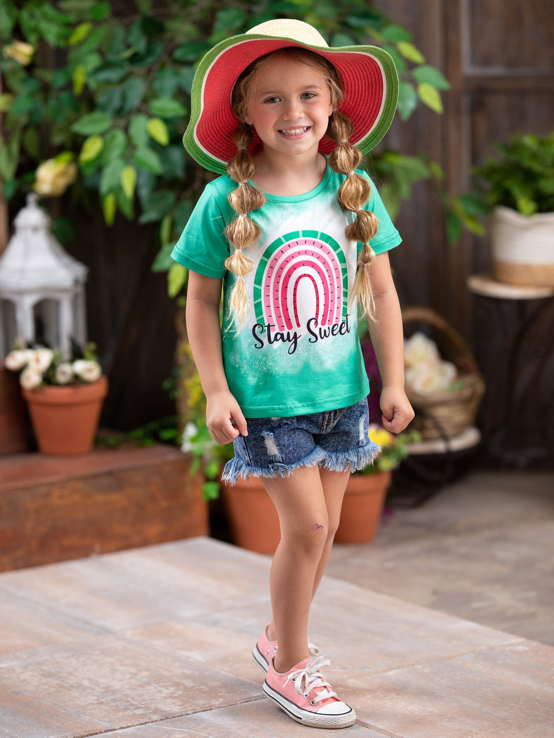 Cute Spring Toddler Outfit | Girls Watermelon Top & Denim Shorts Set