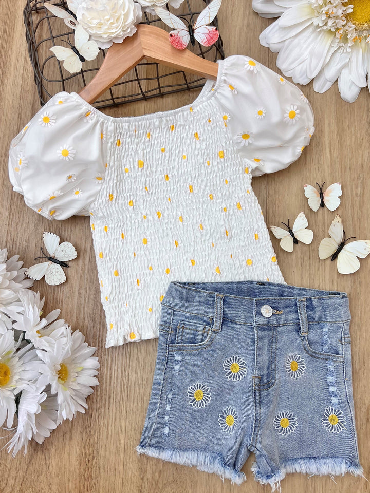 Mia Belle Girls Daisy Smock Top & Denim Shorts Set | Resort Wear