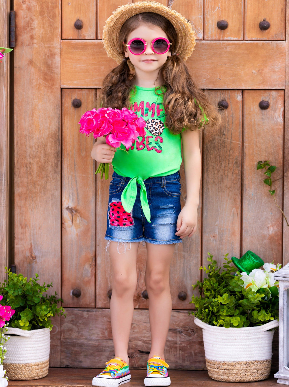 Kids Summer Clothes | Girls Knot Hem Top & Patch Denim Shorts Set