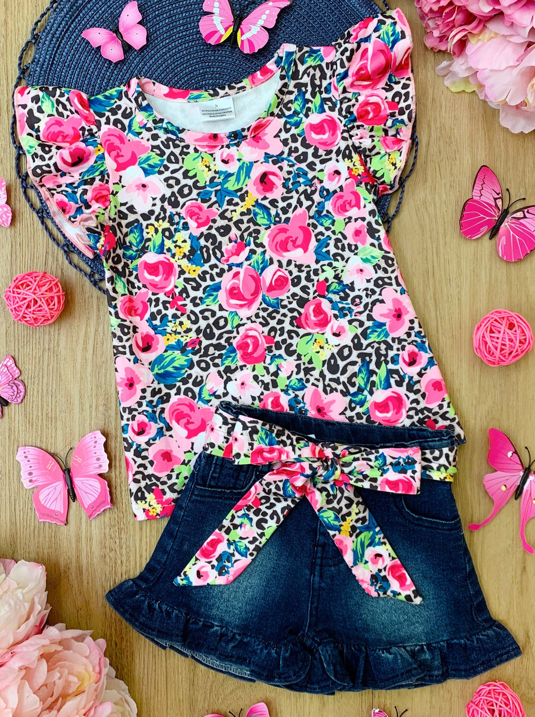 Spring Fashion For Girls | Leopard Floral Top & Denim Shorts Set