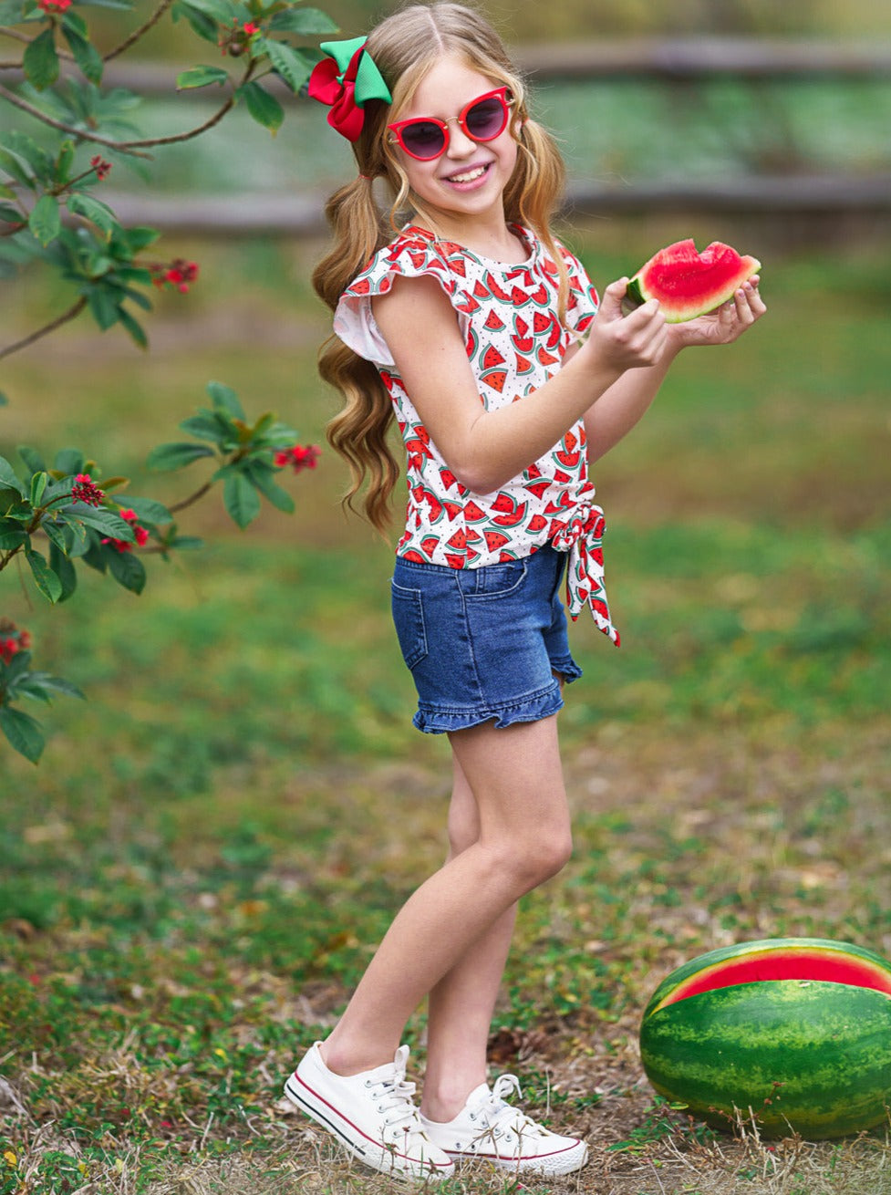 Kids Spring Clothes | Girls Watermelon Top & Ruffle Denim Shorts Set