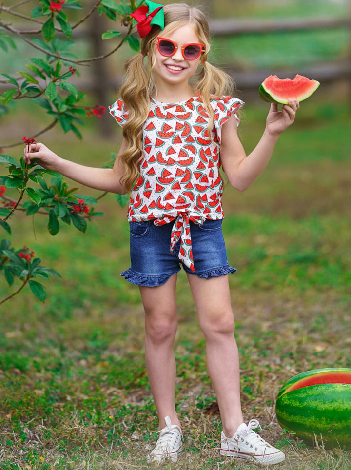 Kids Spring Clothes | Girls Watermelon Top & Ruffle Denim Shorts Set