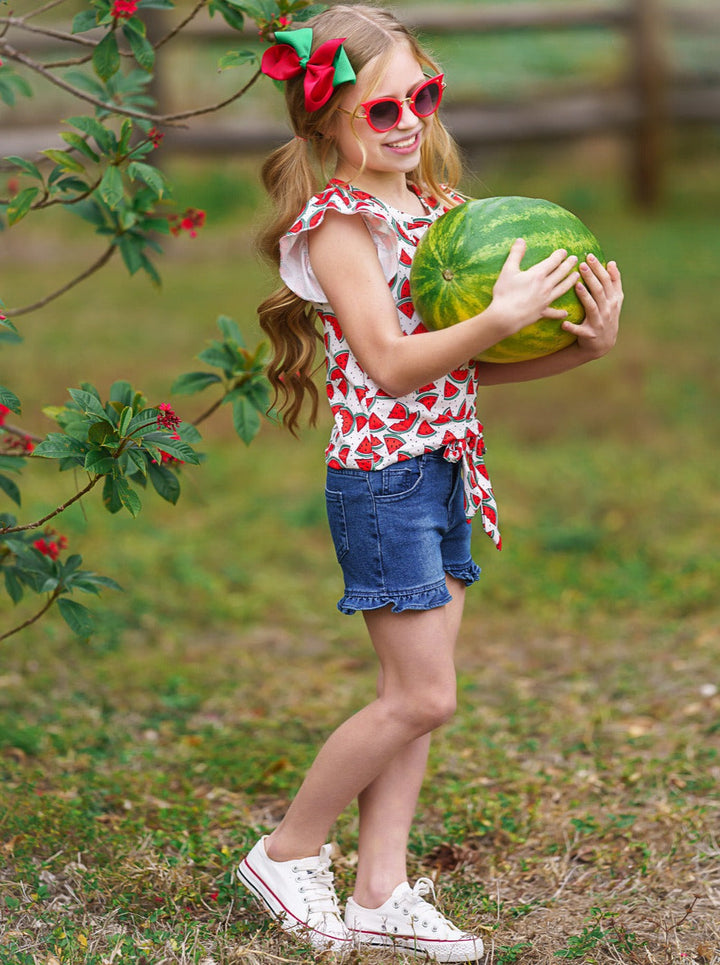 Kids Spring Clothes | Girls Watermelon Top & Ruffle Denim Shorts Set