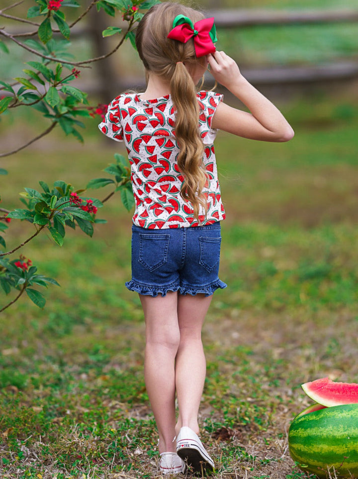 Kids Spring Clothes | Girls Watermelon Top & Ruffle Denim Shorts Set