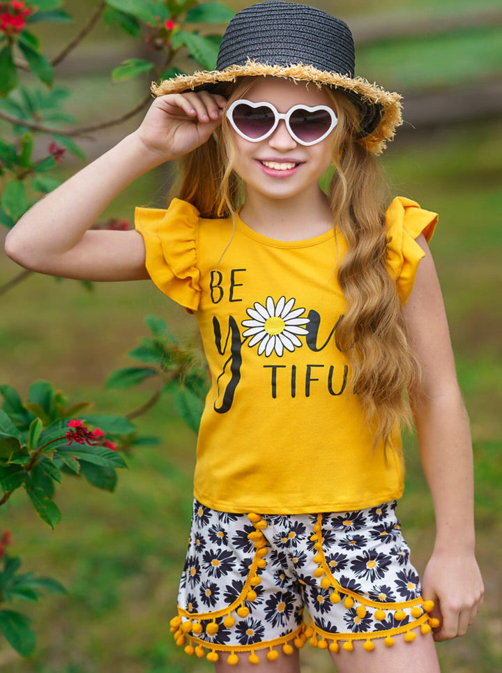 Mia Belle Girls Daisy Top & Floral Pom-Pom Shorts Set | Resort Wear