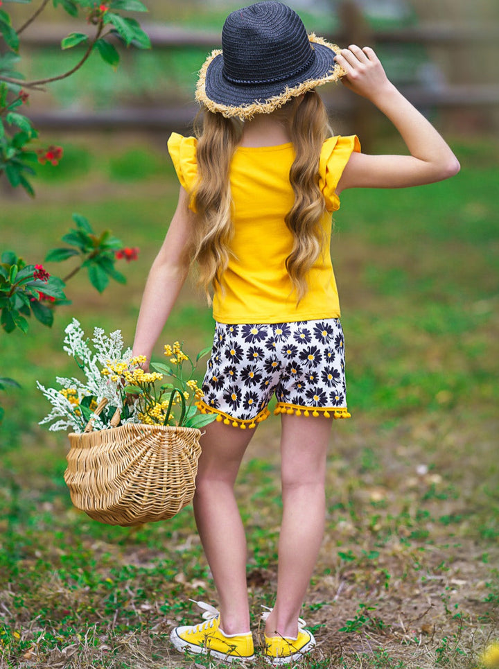 Mia Belle Girls Daisy Top & Floral Pom-Pom Shorts Set | Resort Wear