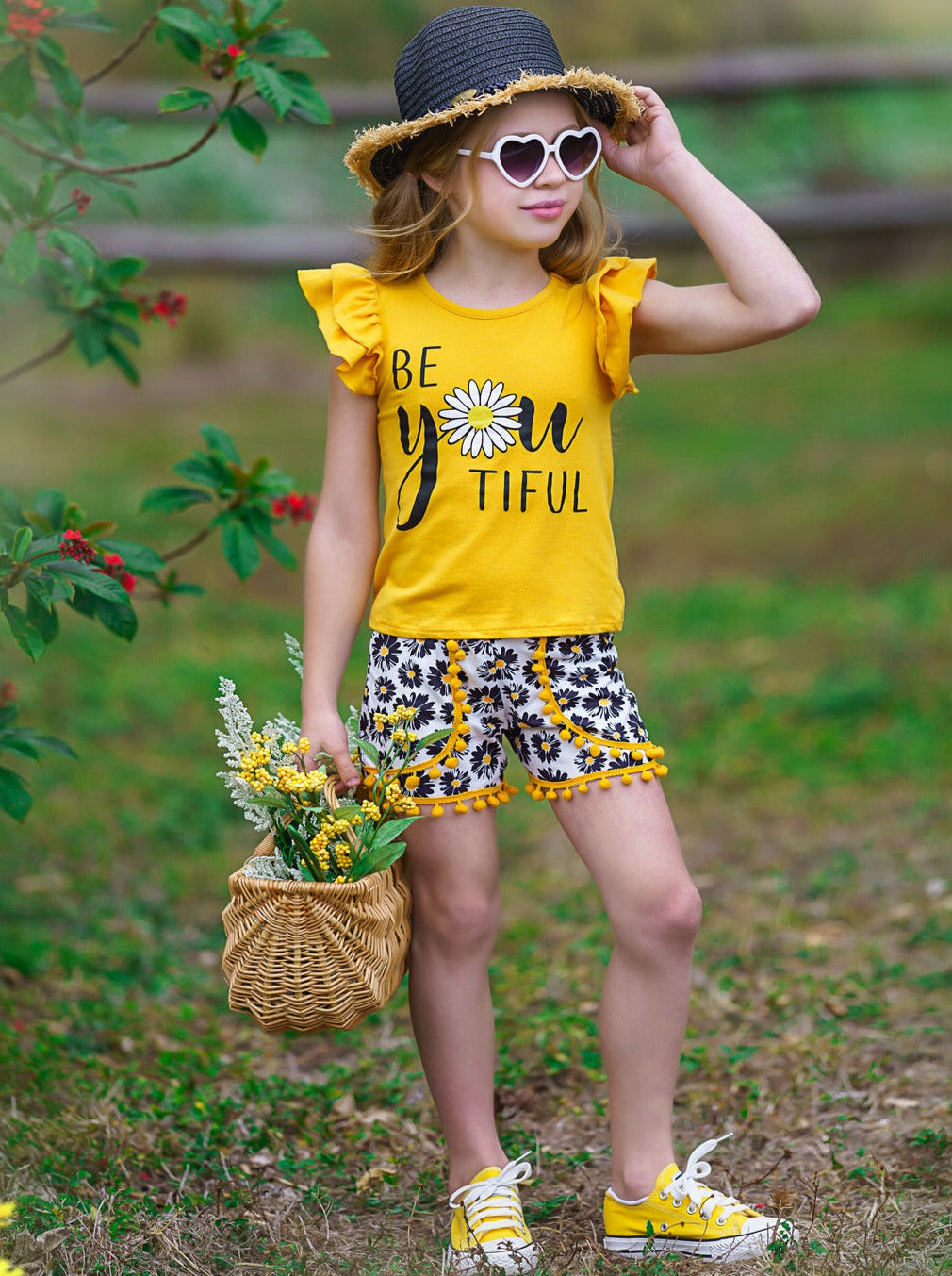 Mia Belle Girls Daisy Top & Floral Pom-Pom Shorts Set | Resort Wear