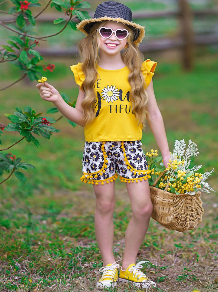 Mia Belle Girls Daisy Top & Floral Pom-Pom Shorts Set | Resort Wear