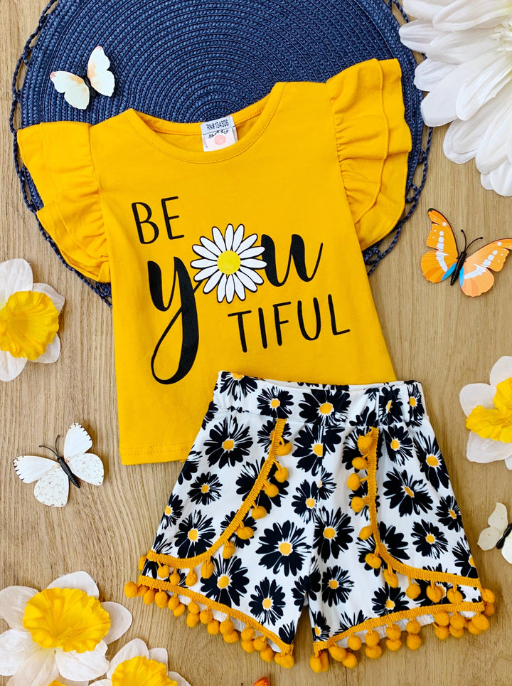 Mia Belle Girls Daisy Top & Floral Pom-Pom Shorts Set | Resort Wear