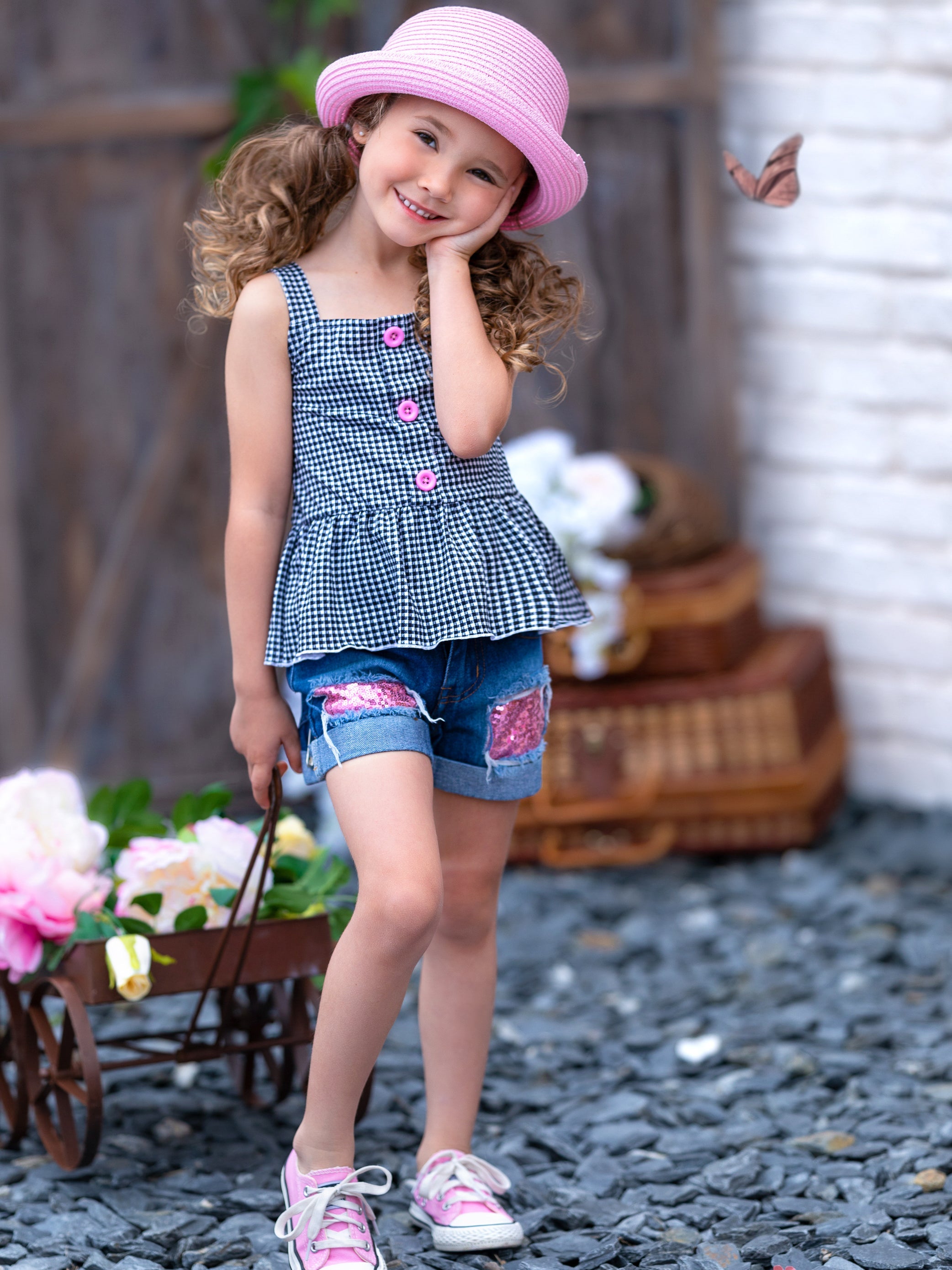 Cute Toddler Outfit Girls Plaid Peplum Top Patch Denim Shorts Set Mia Belle Girls