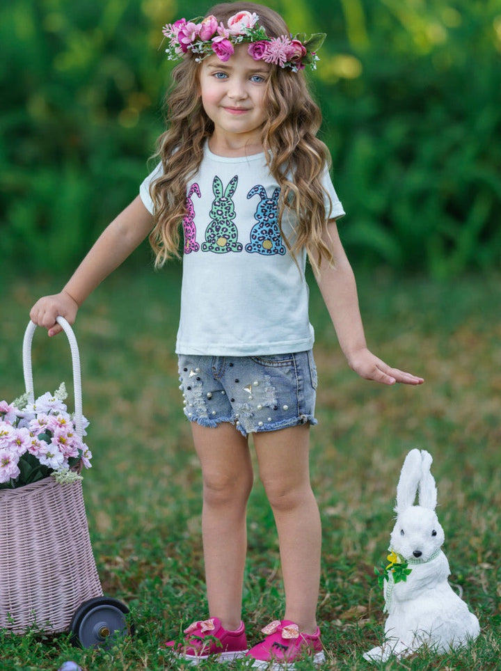 Girls Cute Easter Tops | Leopard Print Bunnies Short Sleeve Top