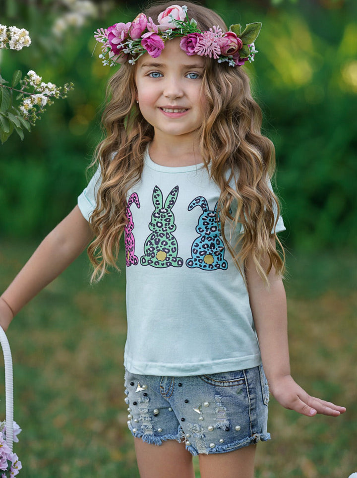 Girls Cute Easter Tops | Leopard Print Bunnies Short Sleeve Top