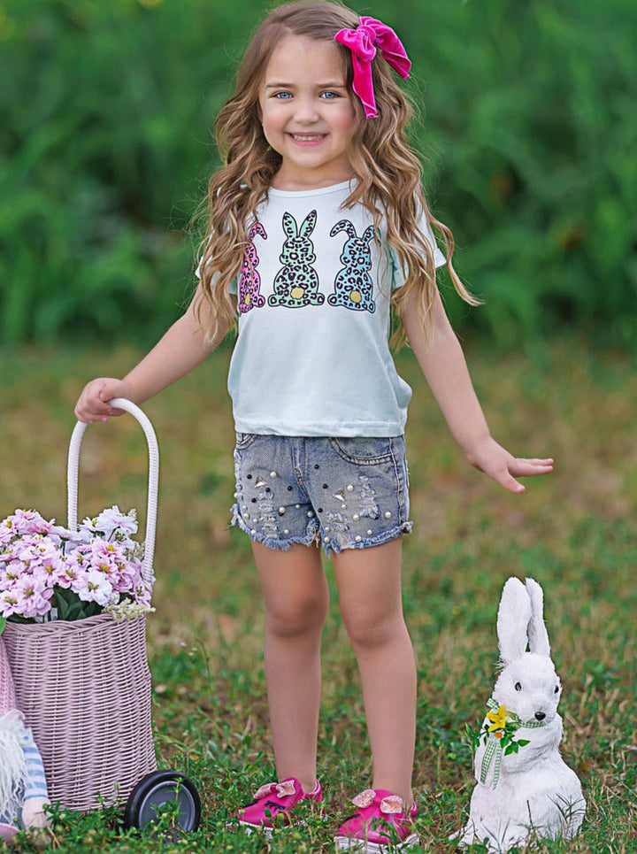 Girls Cute Easter Tops | Leopard Print Bunnies Short Sleeve Top