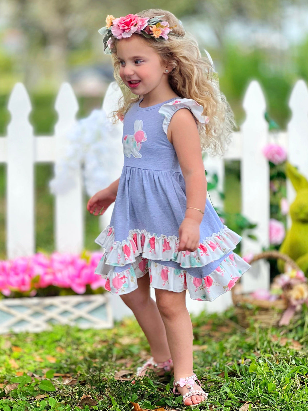 Mia Belle Girls Bunny Ruffle Tiered Midi Dress | Easter Dresses