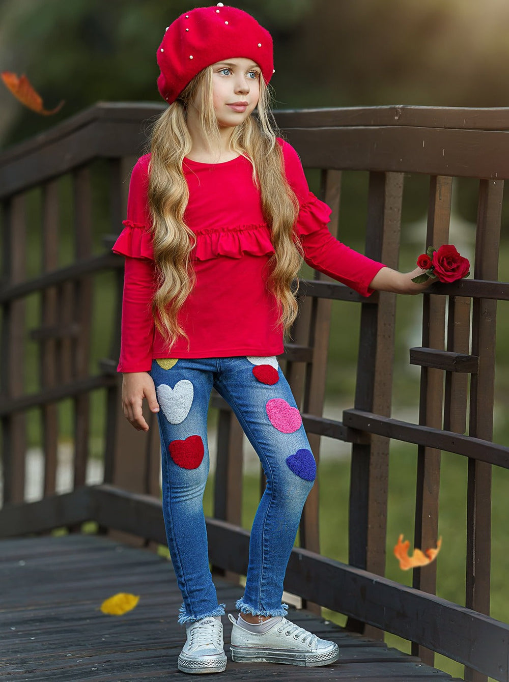 Girls Heart Applique Denim Jeans with Frayed Hem