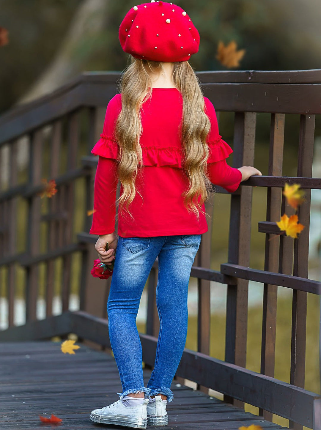 Girls Heart Applique Denim Jeans with Frayed Hem