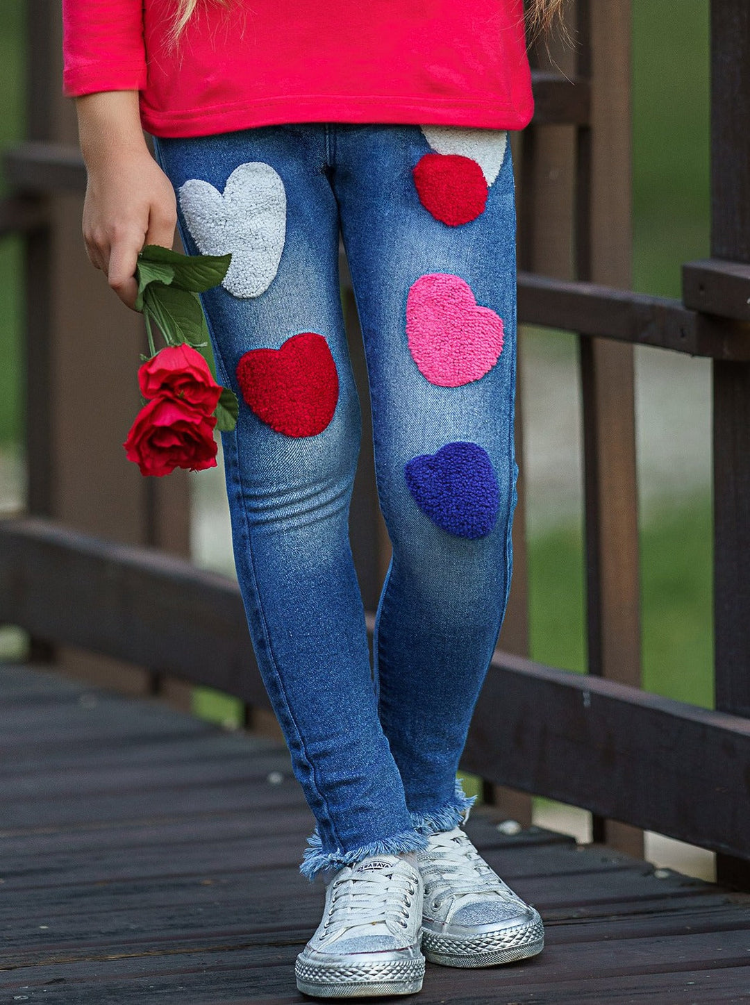 Girls Heart Applique Denim Jeans with Frayed Hem