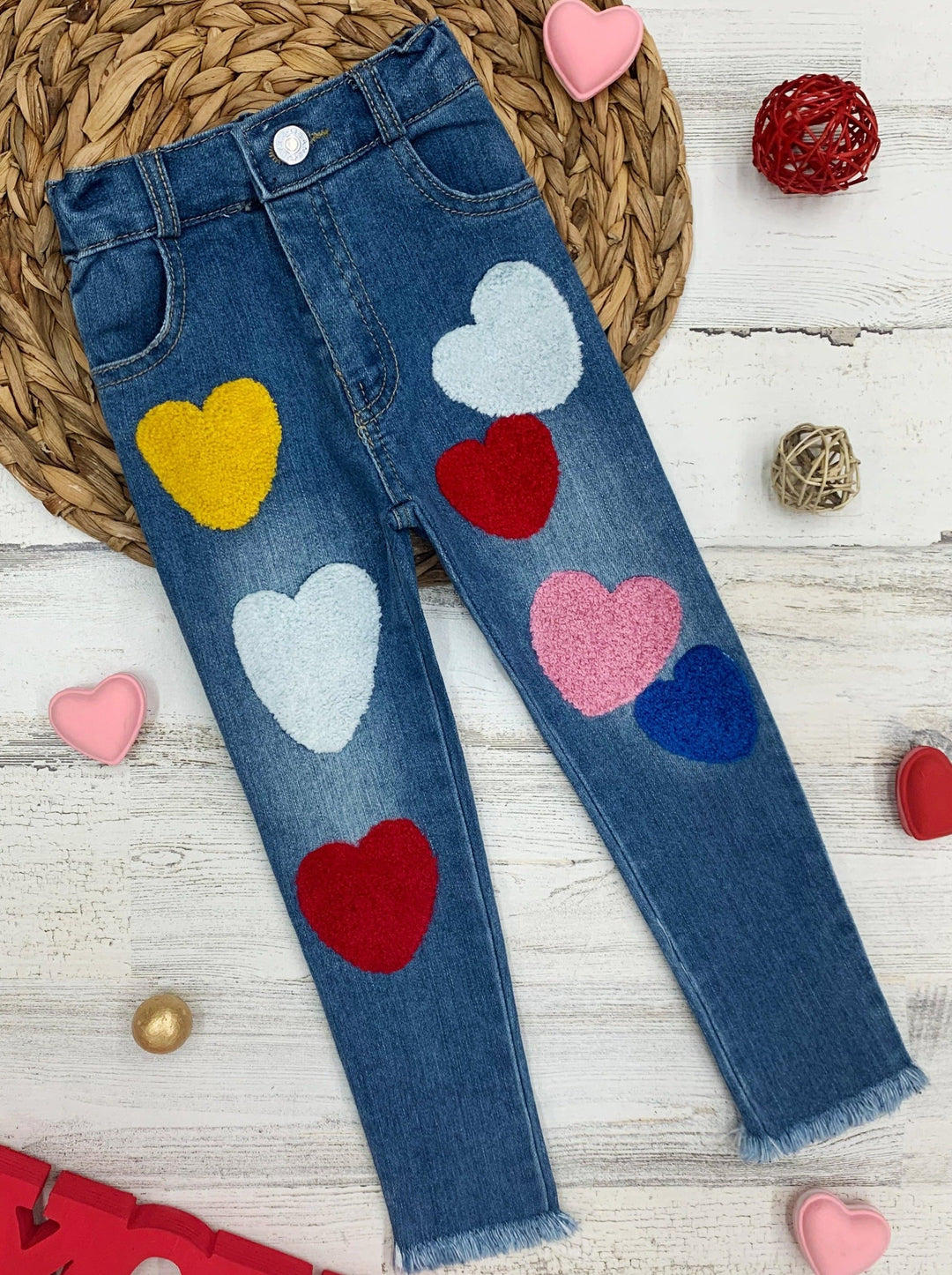 Girls Heart Applique Denim Jeans with Frayed Hem